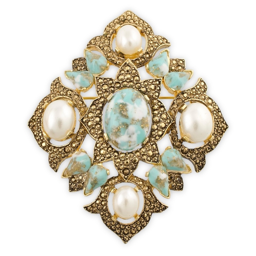 Vintage Sarah Coventry Faux Turquoise & Faux Pearl Pendant / Brooch Pin 1960s
